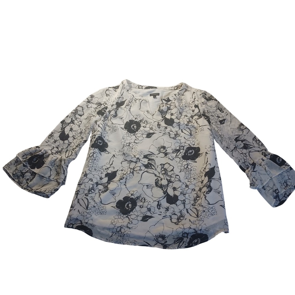 Talbots Floral Print Split Neck Blouse CN505 Womens Size M‎ Ruffle Sleeve White